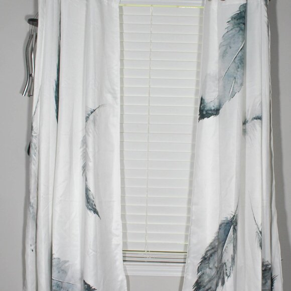 White Blue Gray Feather Drapes Set of 2 Curtain Panels - Picture 4 of 13
